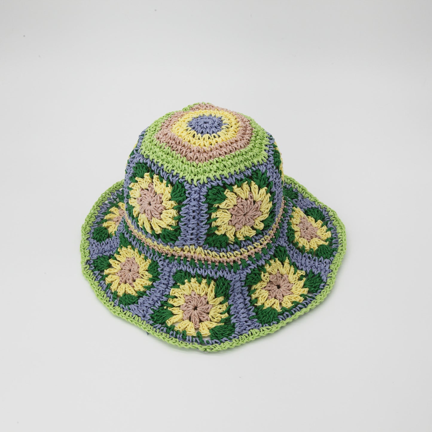 Straw Crochet Bucket Hat in Floral Green, Blue, Yellow