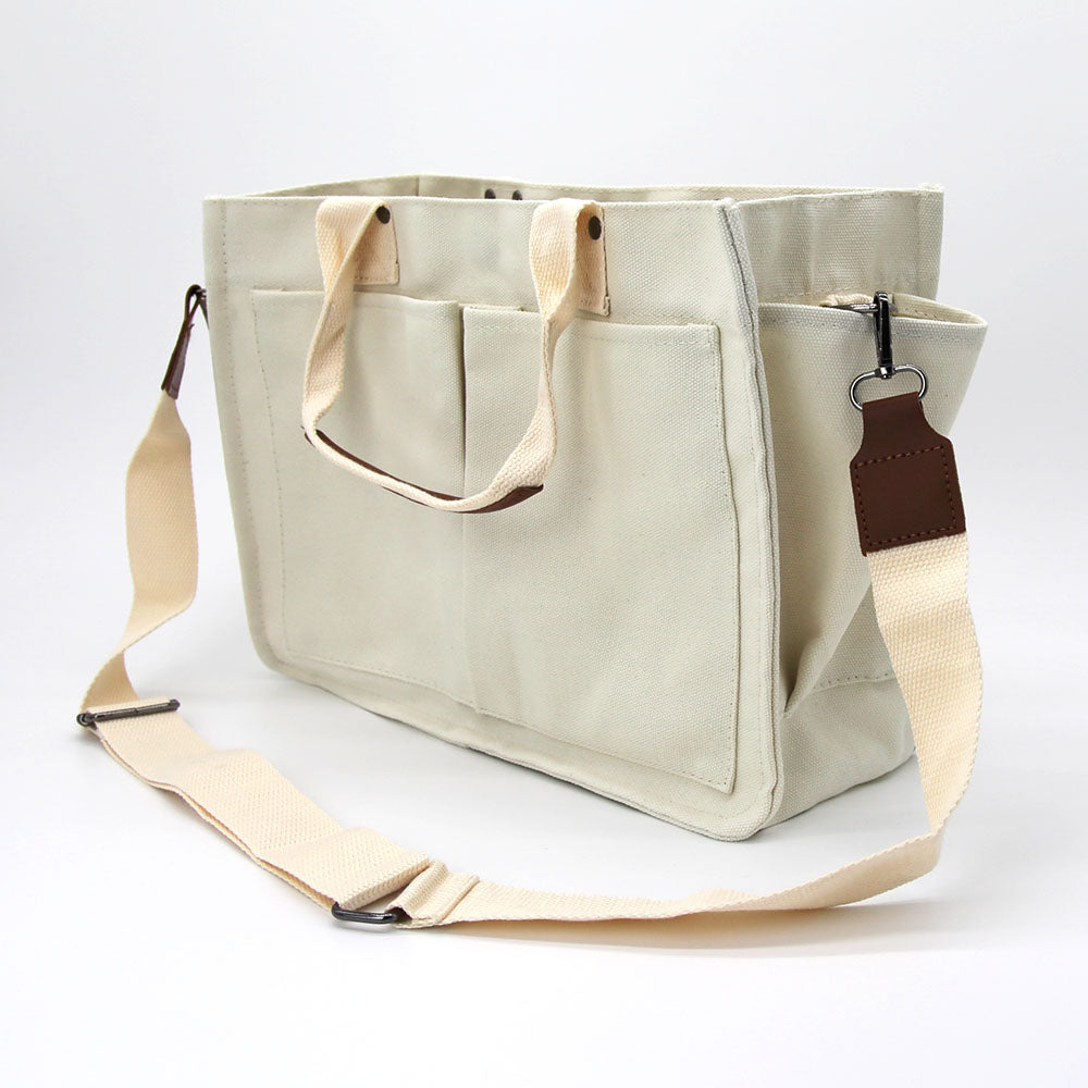 Multi Pocket Canvas Crossbody Tote Bag in White