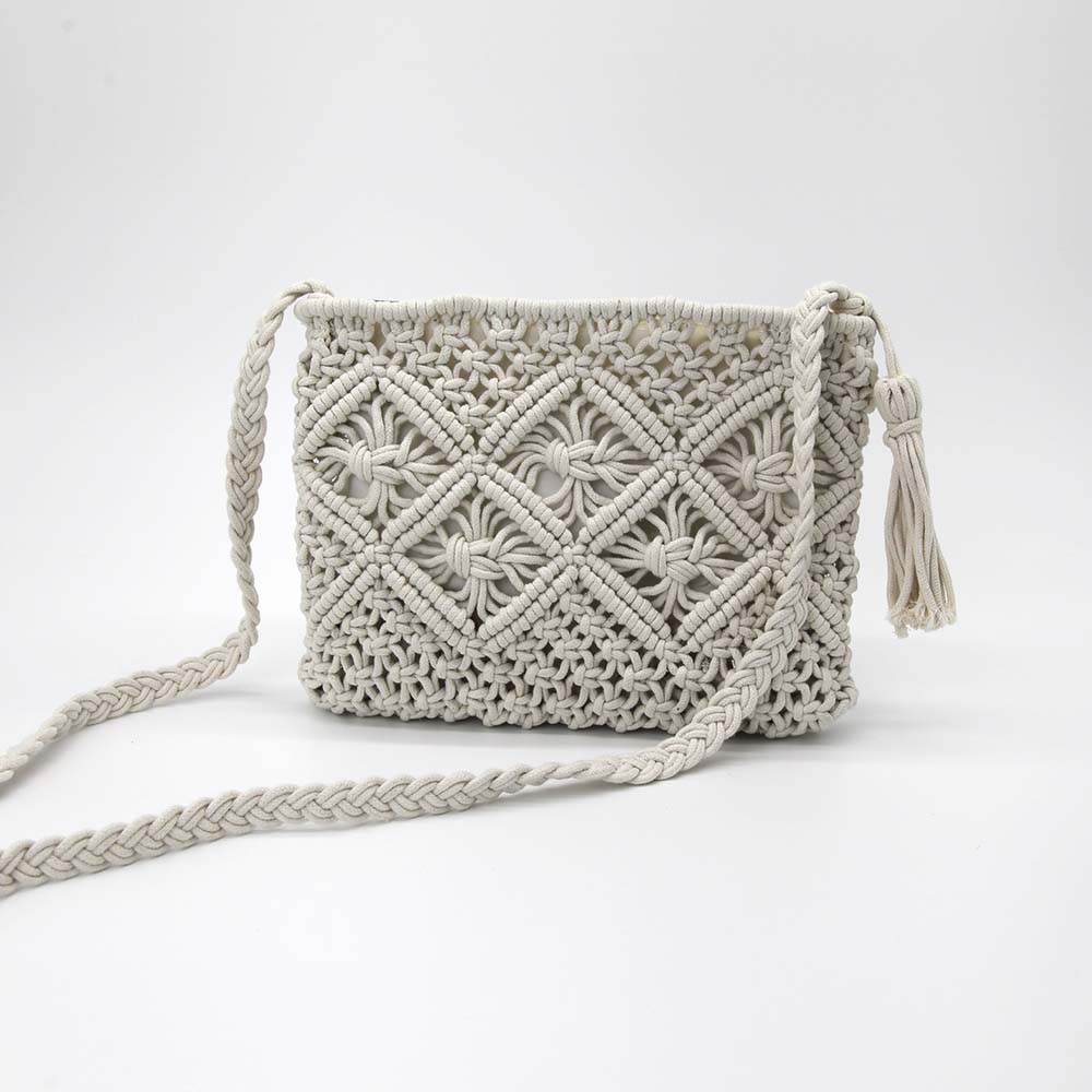 Woven Summer Shoulder Bag with Tassel in White