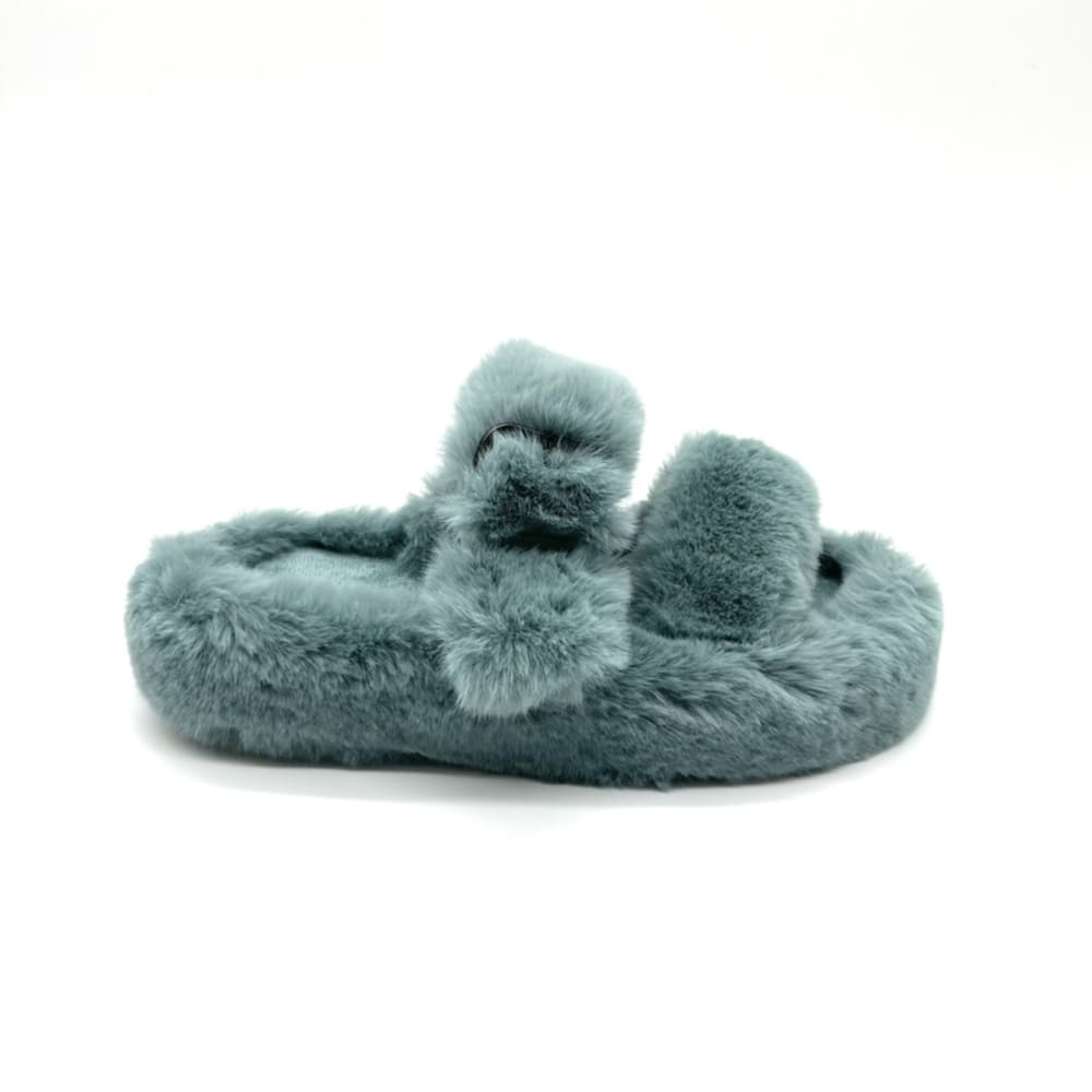 Fluffy Slippers with Buckle Strap in Blue