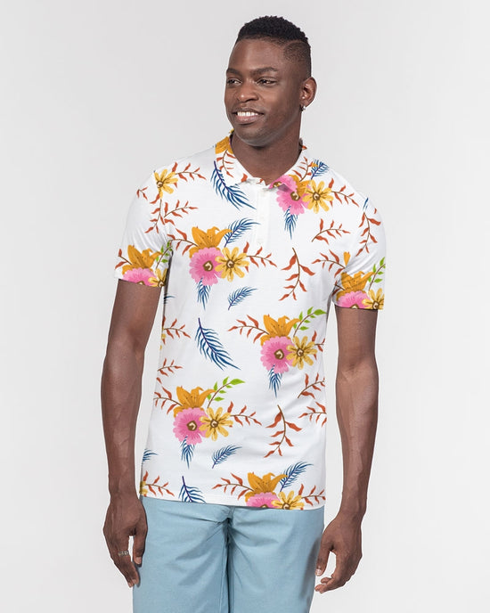 Load image into Gallery viewer, White Summer Floral Men&amp;#39;s Slim Fit Short Sleeve Polo
