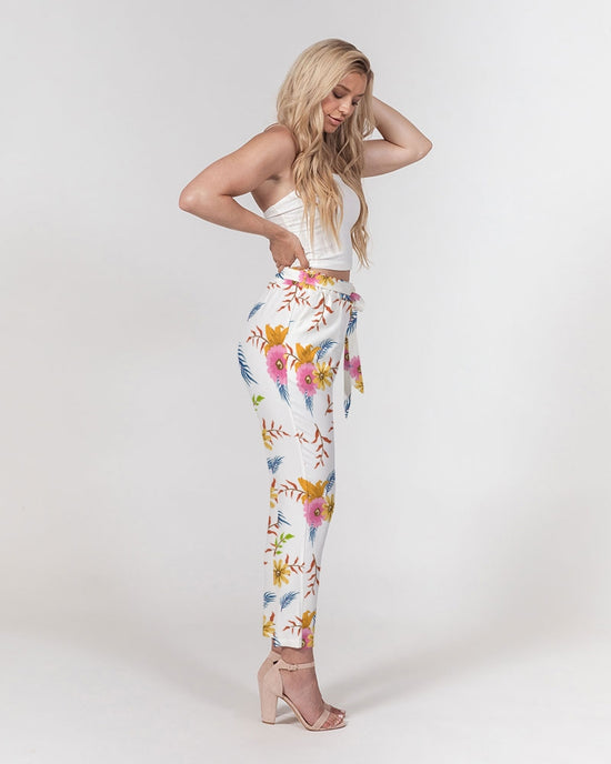 White Summer Floral Women's Belted Tapered Pants
