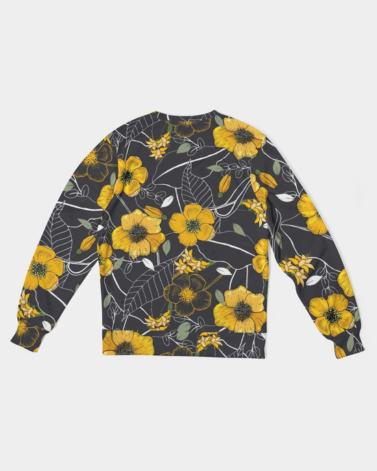 Yellow Flowers & Tropical Leaves Charcoal French Terry Crewneck Pullover Sweatshirt