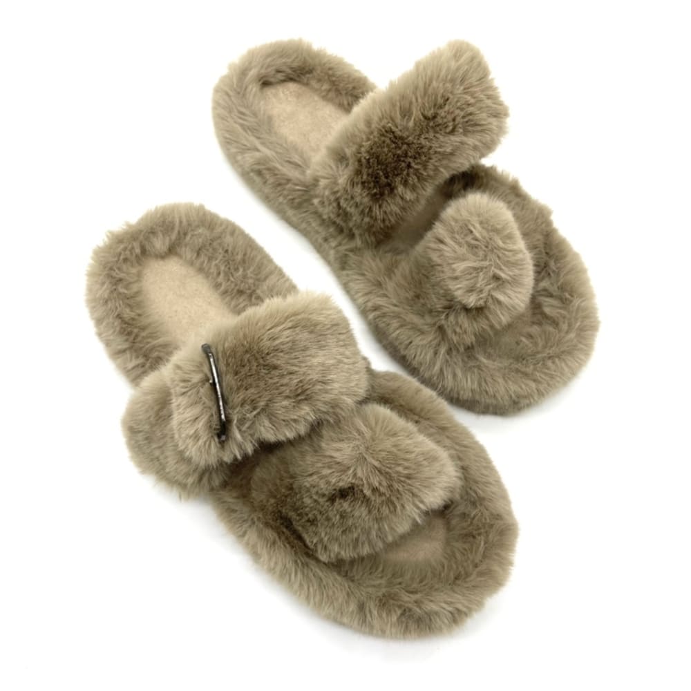 Fluffy Slippers with Buckle Strap in Khaki
