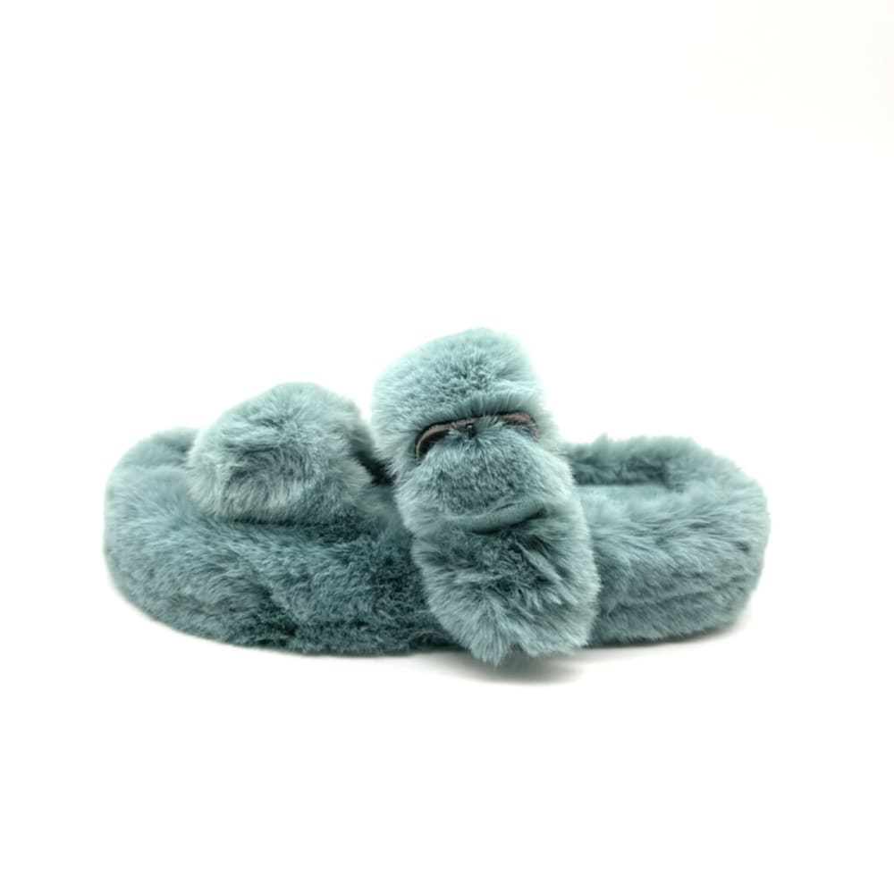 Fluffy Slippers with Buckle Strap in Blue