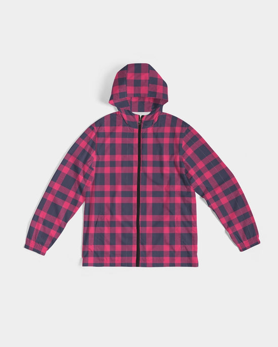 Red & Navy Tartan Men's Hooded Windbreaker Jacket