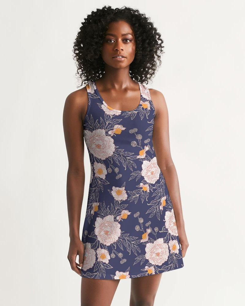 Orange Peonies Floral Orient Blue Women's Racerback Dress