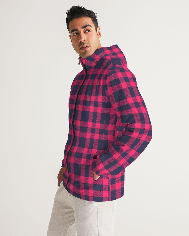 Red & Navy Tartan Men's Hooded Windbreaker Jacket