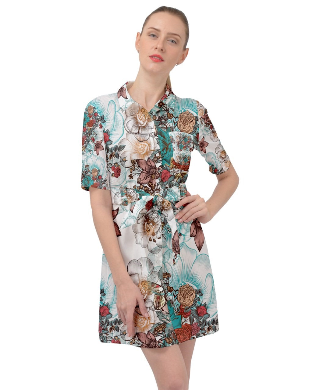 Load image into Gallery viewer, Vintage Floral Butterfly Belted Shirt Dress
