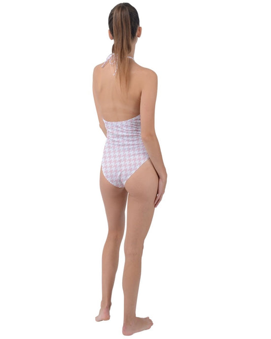 Pale Pink Houndstooth Plunge Cut Halter Swimsuit