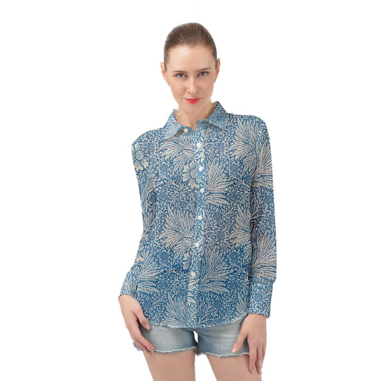 Victorian Blue Floral Long Sleeve Chiffon Shirt
