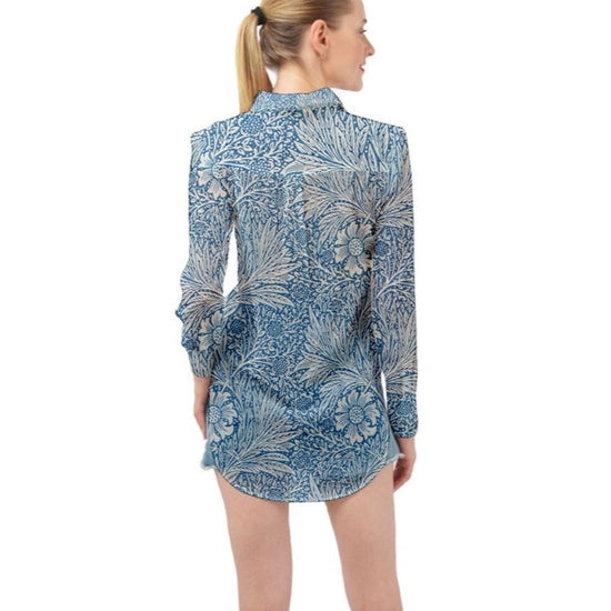 Victorian Blue Floral Long Sleeve Chiffon Shirt