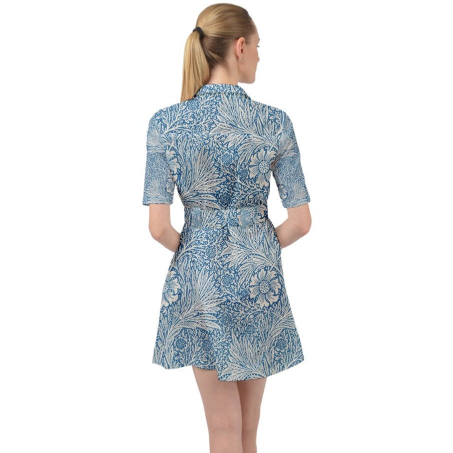 Victorian Blue Floral Belted Shirt Dress