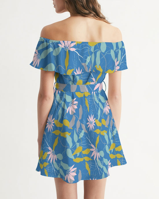 Parisian Blue Floral Women's Off-Shoulder Dress