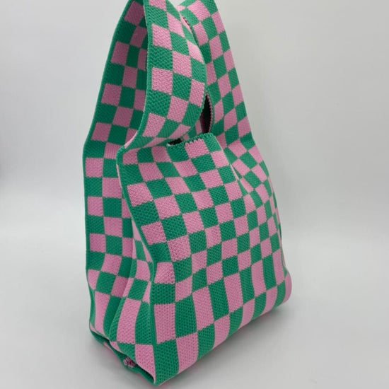 Check Knit Tote Bag in Green & Pink