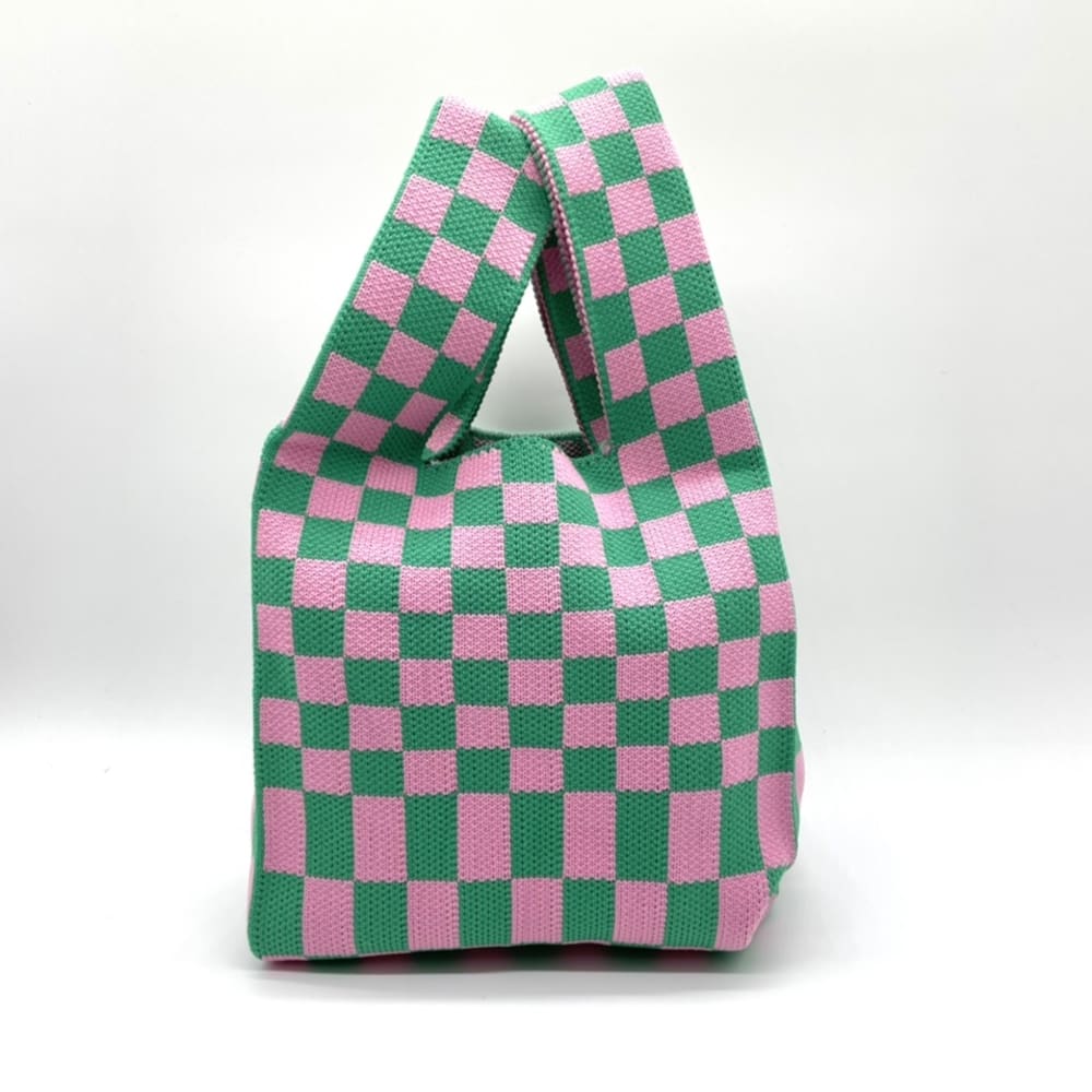 Check Knit Tote Bag in Green & Pink