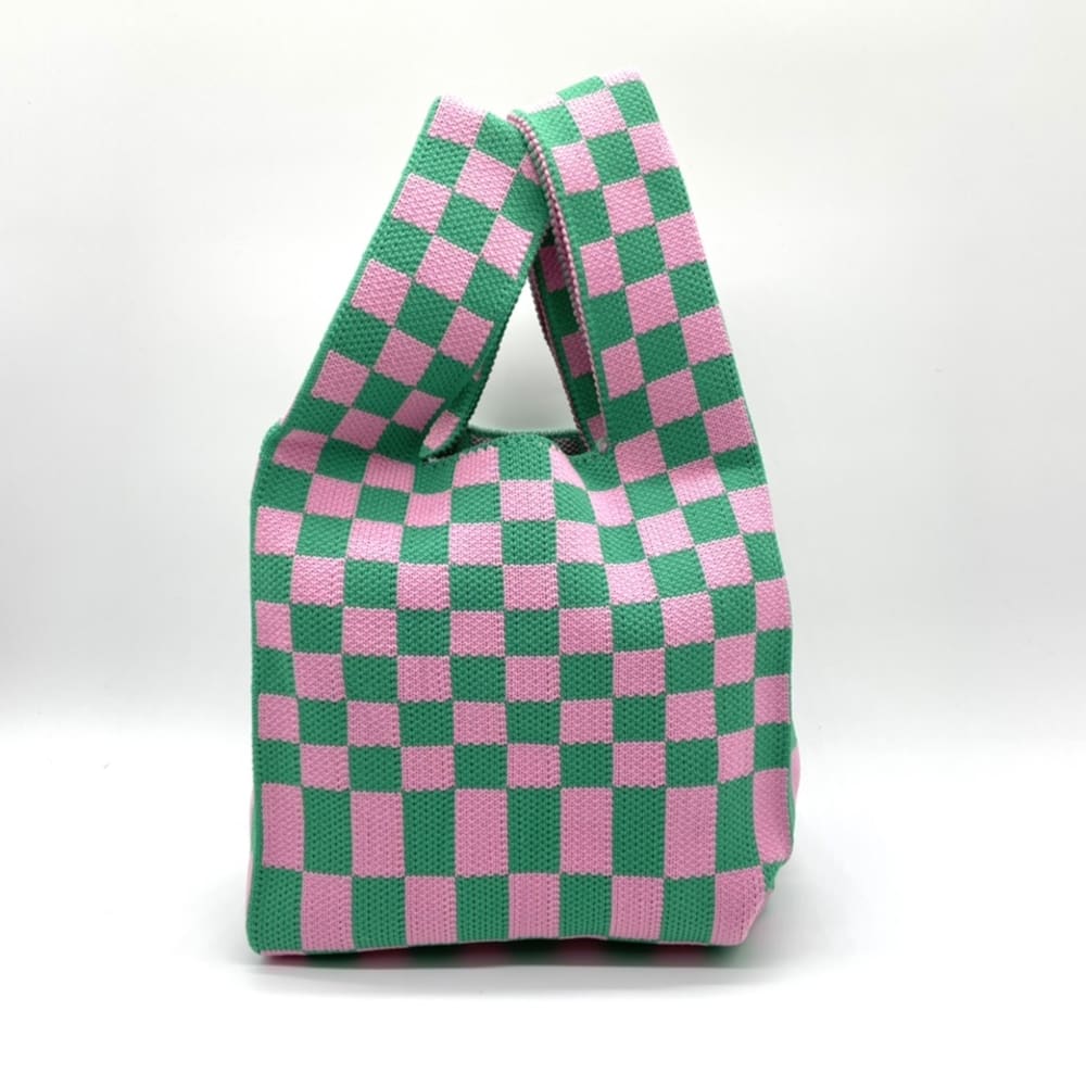 Load image into Gallery viewer, Check Knit Tote Bag in Green &amp;amp; Pink
