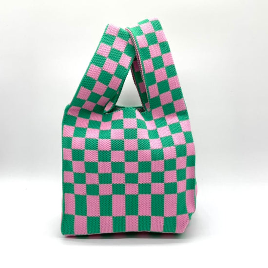 Check Knit Tote Bag in Green & Pink