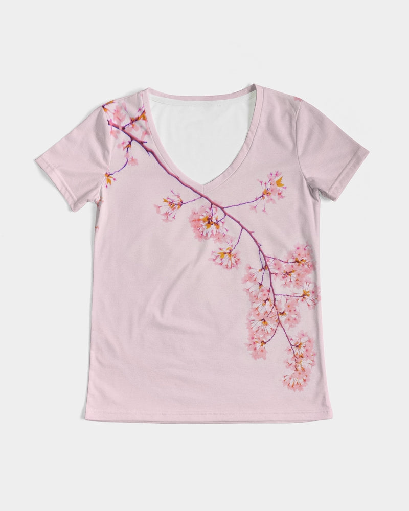 Pink Cherry Blossom Women's V-Neck T Shirt - Sakura T Shirt