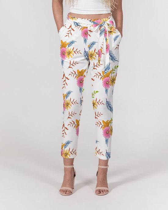 White Summer Floral Women's Belted Tapered Pants