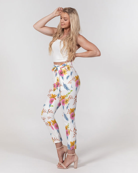 White Summer Floral Women's Belted Tapered Pants