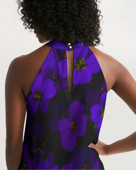Midnight Purple Flowers Women's Halter Dress