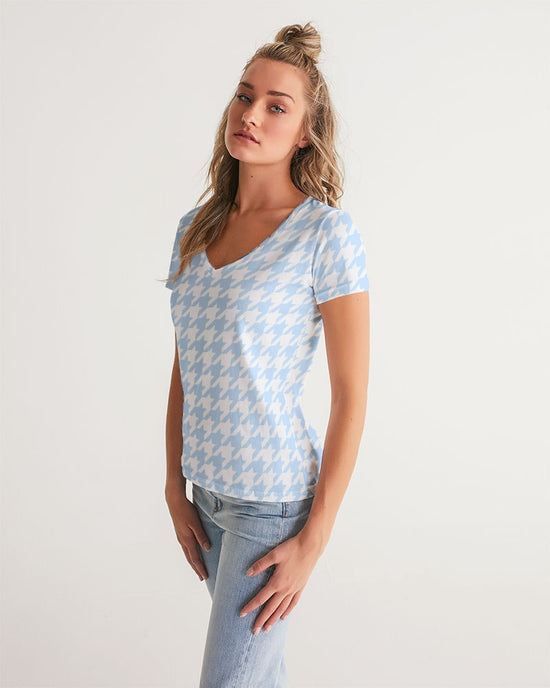 Baby Blue Large Houndstooth Women's V-Neck Tee