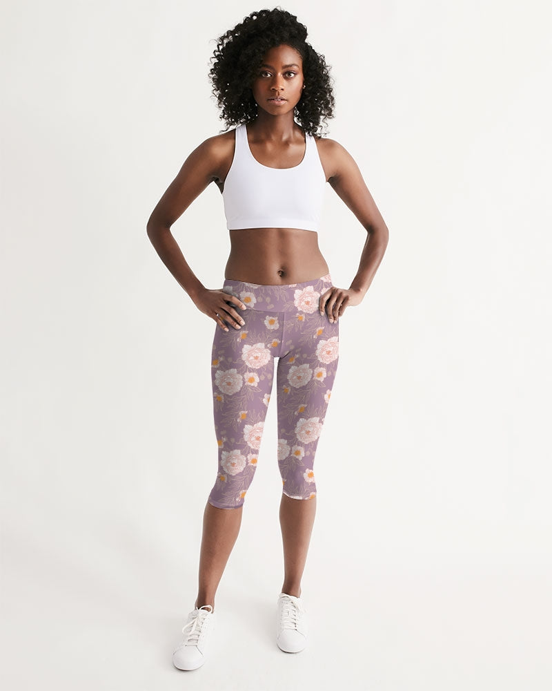 Orange Peonies Floral Rose Women's Mid-Rise Capri Leggings