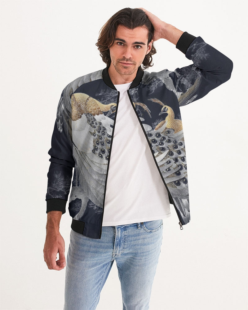 Perched Peacocks Men's Bomber Jacket Harlow & Lloyd Perched Peacocks Men's Bomber Jacket Harlow & Lloyd