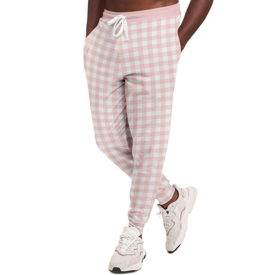 Pale Pink Gingham Check Unisex Fleece Joggers