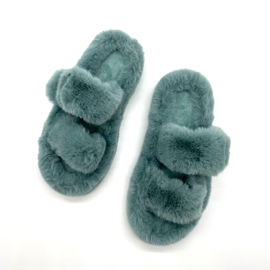 Fluffy Slippers with Buckle Strap in Blue