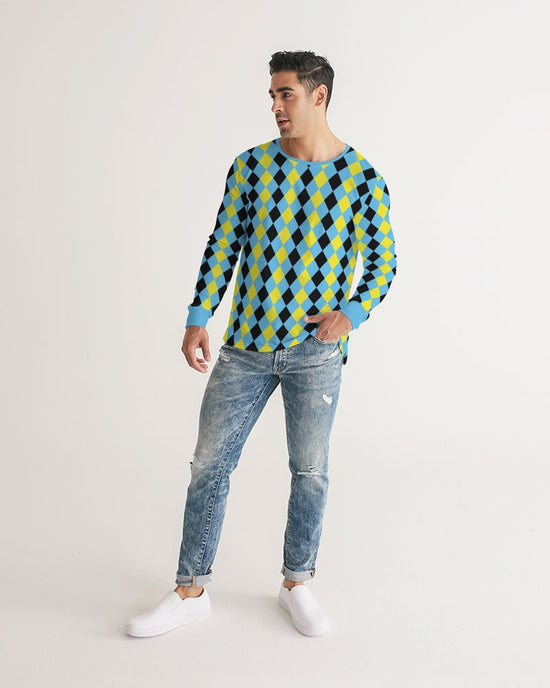 Blue & Yellow Harlequin Check Men's Long Sleeve Tee