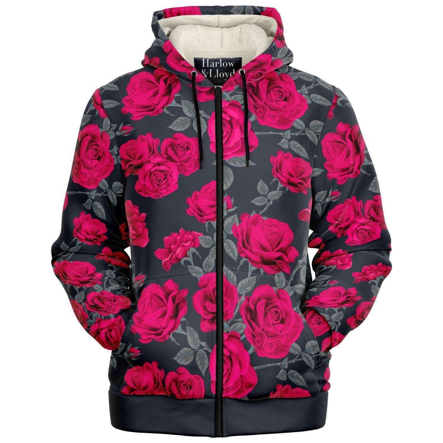 Dark Vintage Roses Unisex Fleece Zip Hoodie Navy Red – Harlow & Lloyd