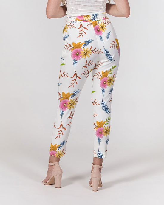 White Summer Floral Women's Belted Tapered Pants