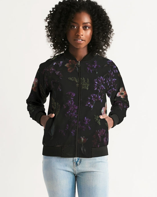Load image into Gallery viewer, Black Floral Women&amp;#39;s Bomber Jacket
