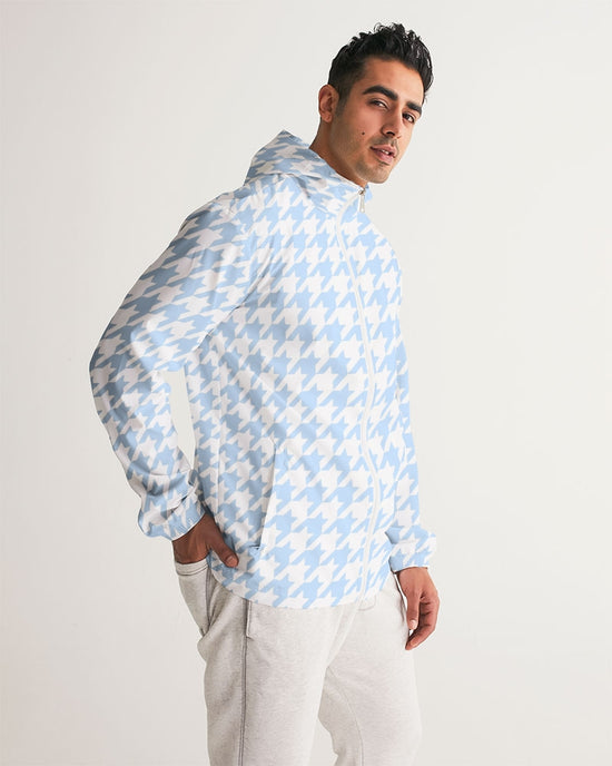 Baby Blue Large Houndstooth Men's Hooded Windbreaker Jacket