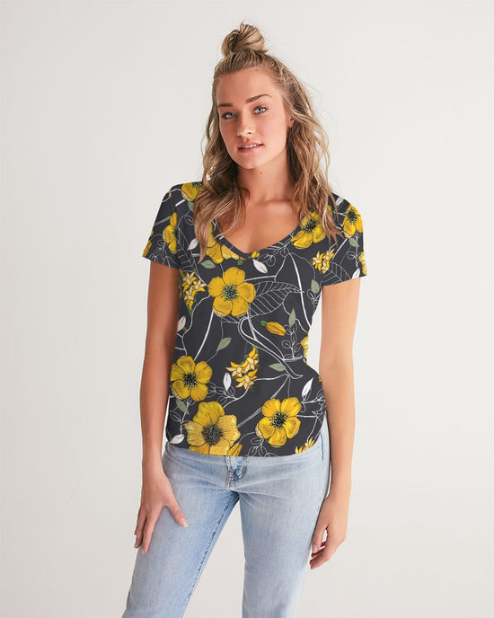 Yellow Flowers & Tropical Leaves Charcoal Women's V-Neck T Shirt