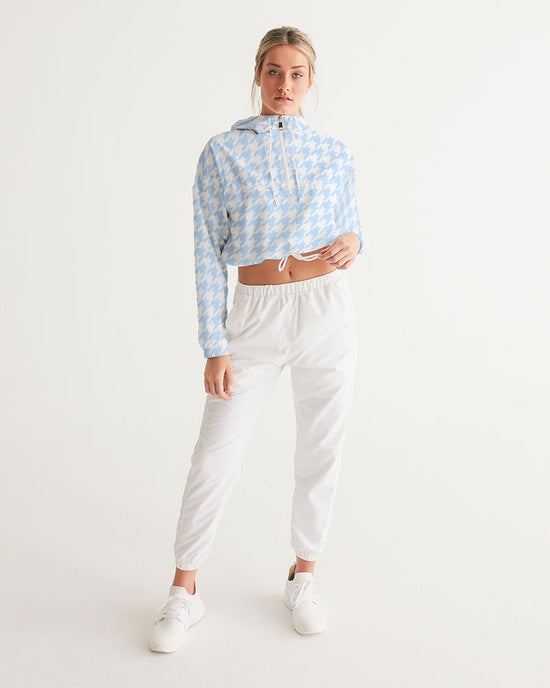 Baby Blue Houndstooth Women's Cropped Windbreaker Jacket