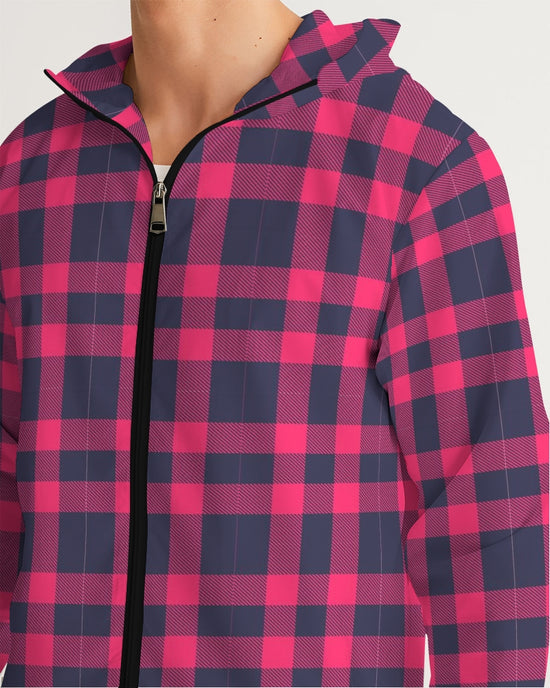 Red & Navy Tartan Men's Hooded Windbreaker Jacket