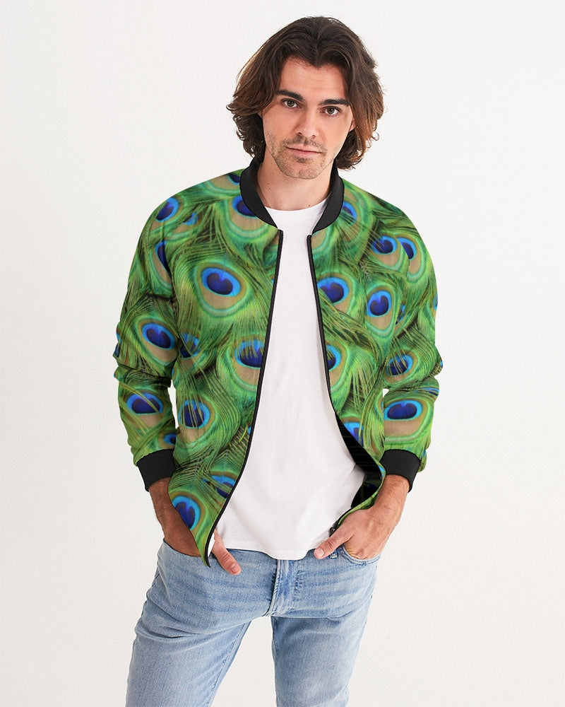 Men's Printed Bomber Jacket - Green Peacock Feathers Designer Zip-Up ...