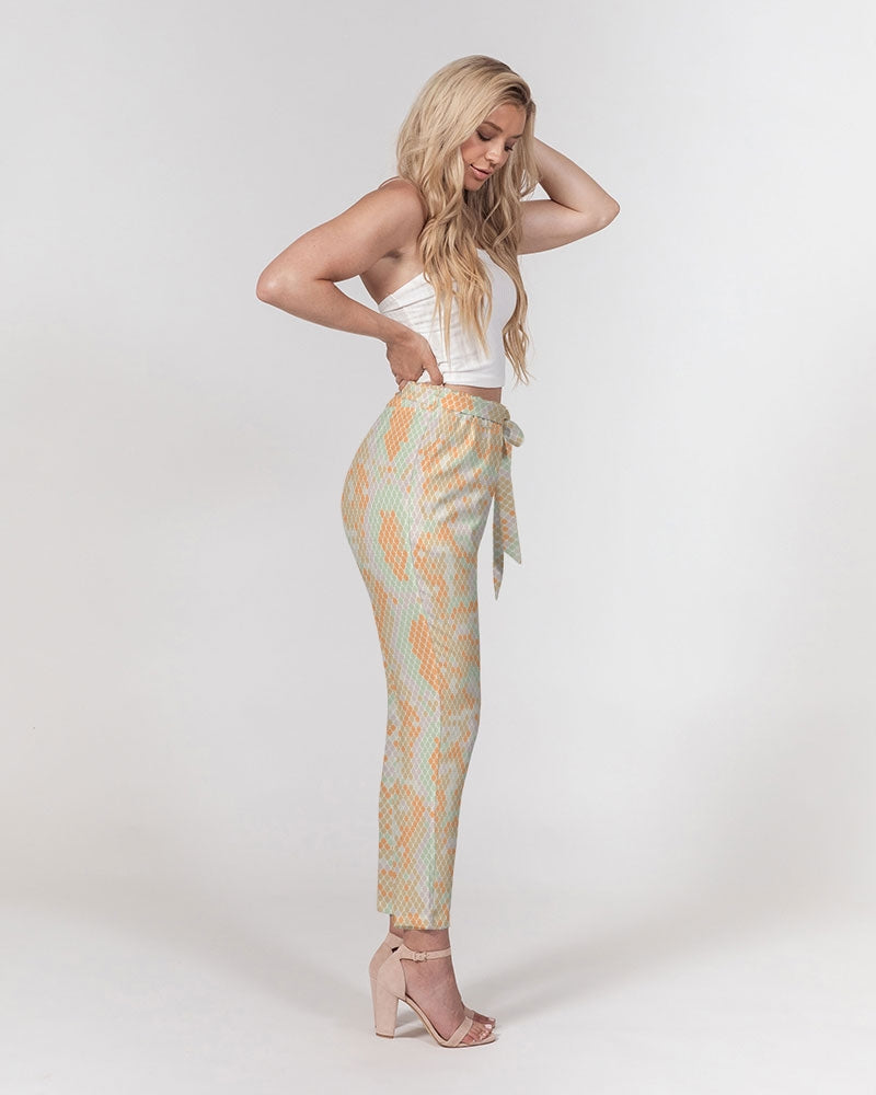 Green & Orange Snake Print Women's Belted Tapered Pants