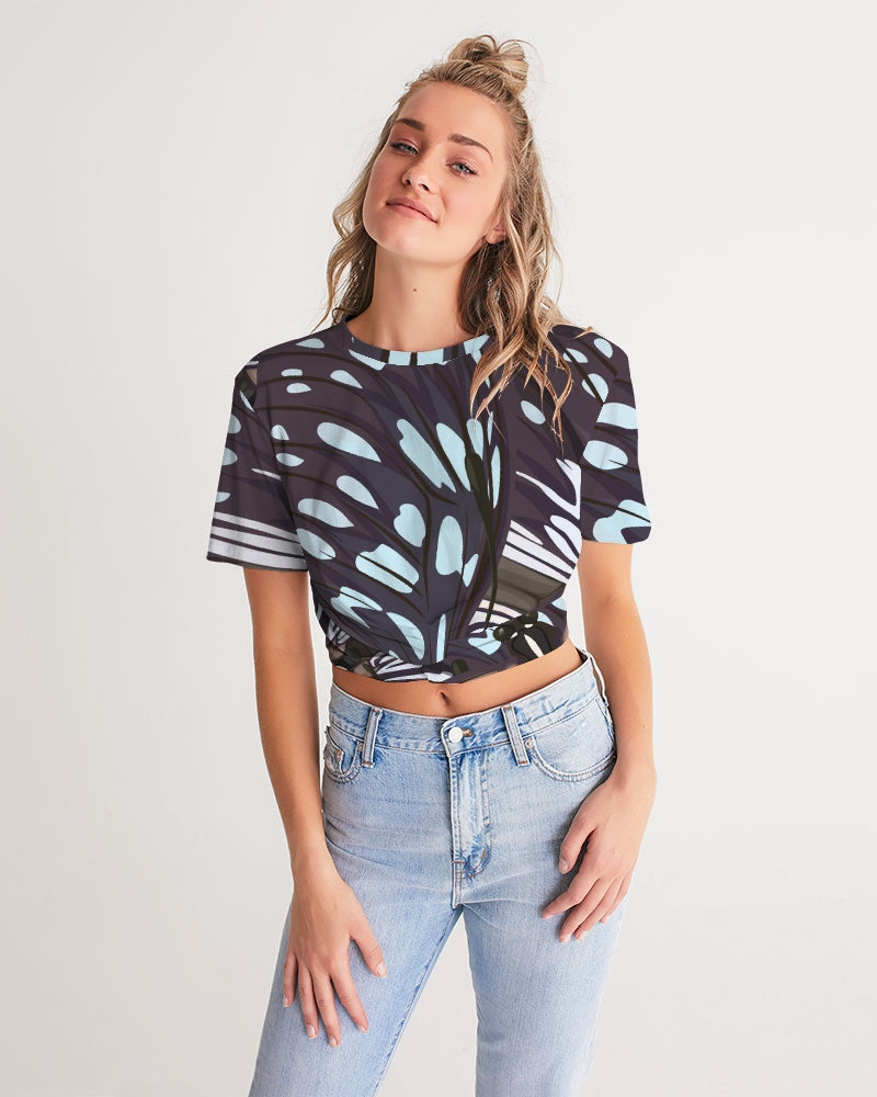 Abstract Blue Butterfly Wings Women's Twist-Front Cropped T Shirt