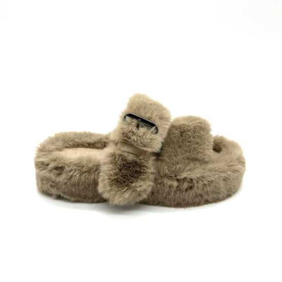 Fluffy Slippers with Buckle Strap in Khaki