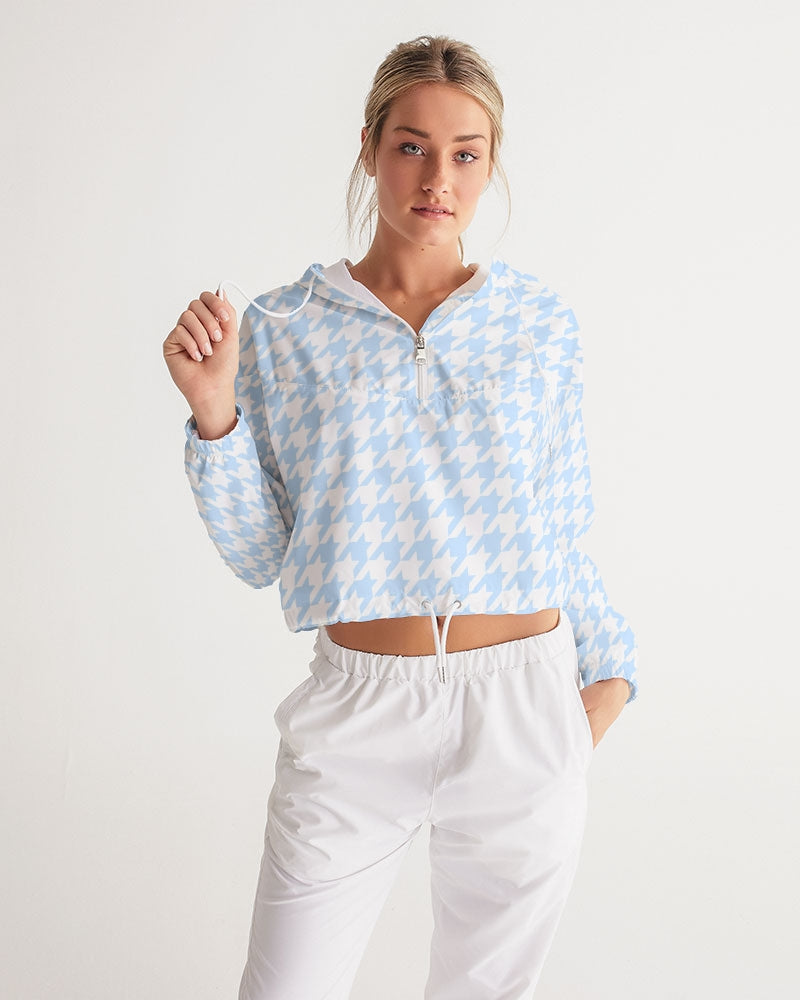 Baby Blue Houndstooth Women's Cropped Windbreaker Jacket