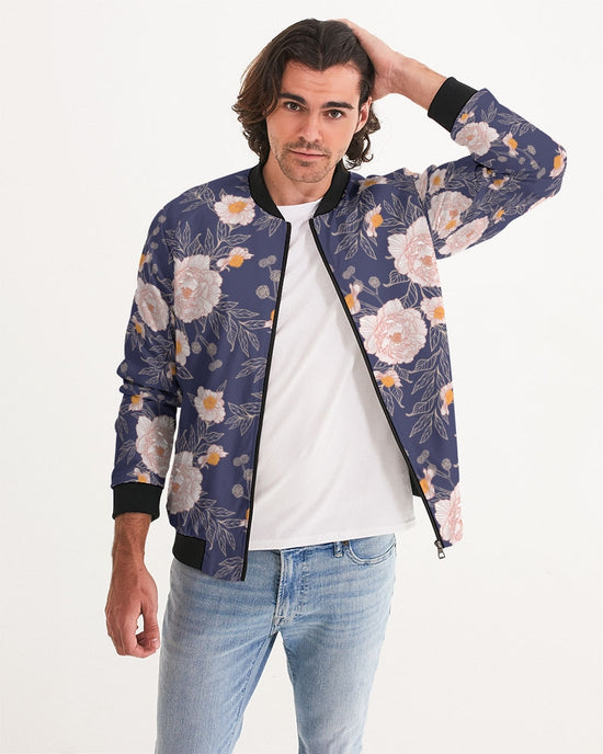 Load image into Gallery viewer, Orange Peonies Floral Orient Blue Men&amp;#39;s Bomber Jacket
