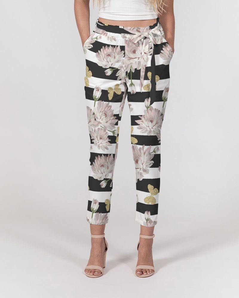 Pink Chrysanthemum Butterflies Women's Belted Tapered Pants