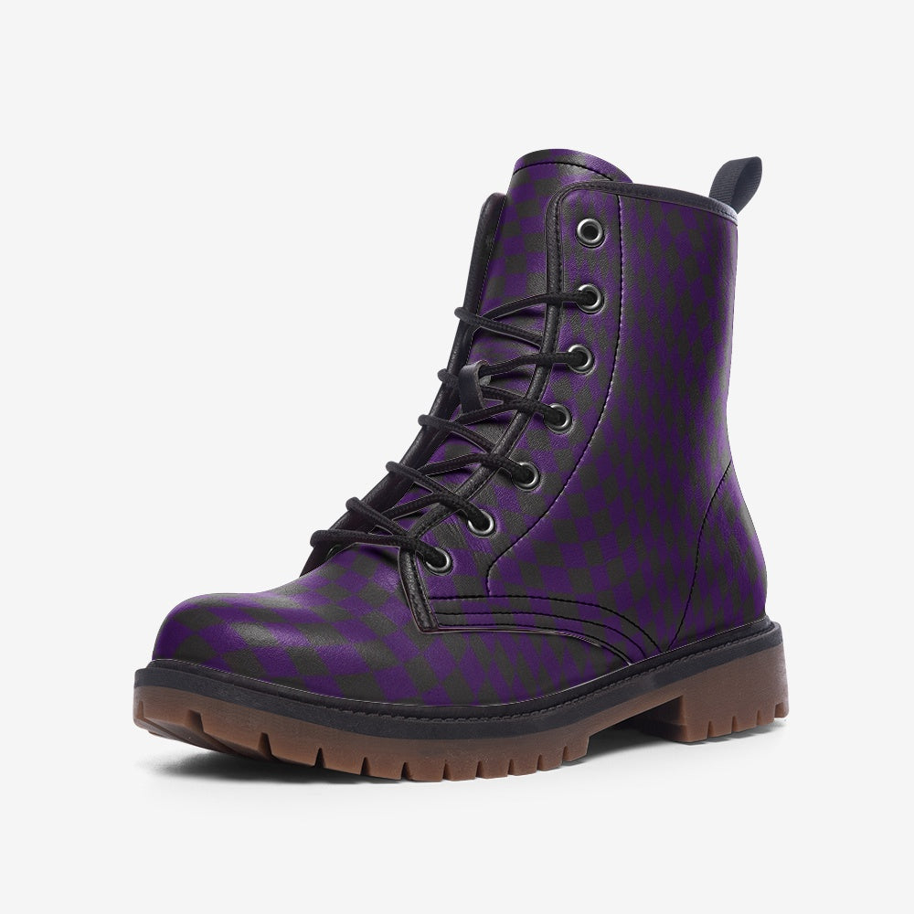 Purple Abstract Checkerboard Lace Up Boots