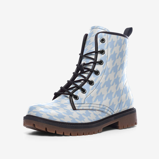 Pale Blue Houndstooth Check Lace Up Boots