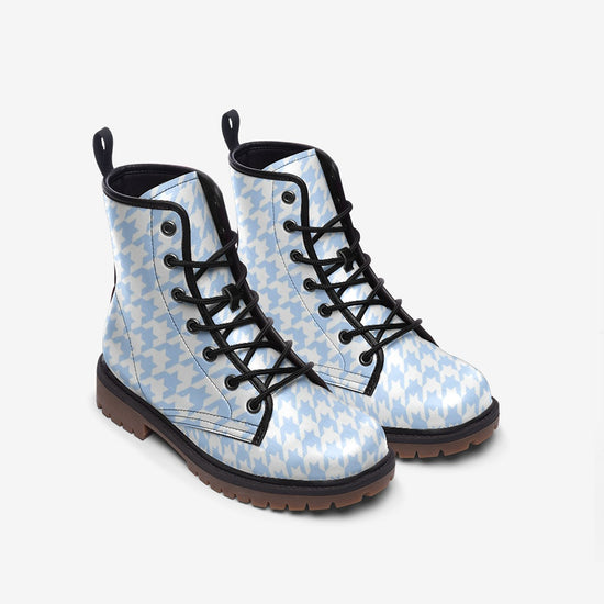 Pale Blue Houndstooth Check Lace Up Boots