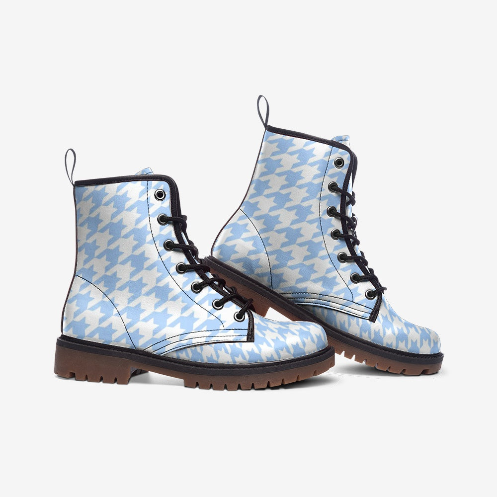 Pale Blue Houndstooth Check Lace Up Boots